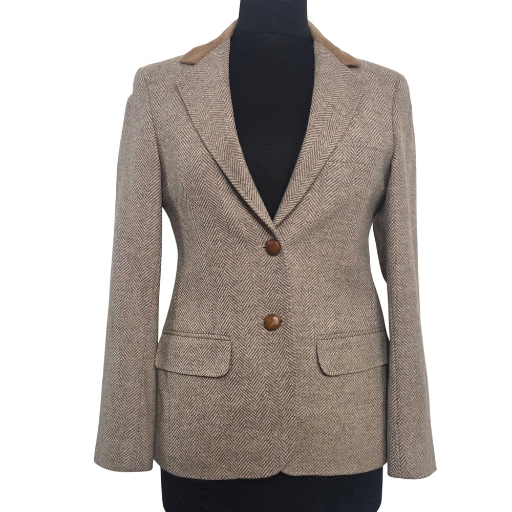 Van Julian Herringbone Blazer Tweed Suede Collar Equestrian Jacket Womens S